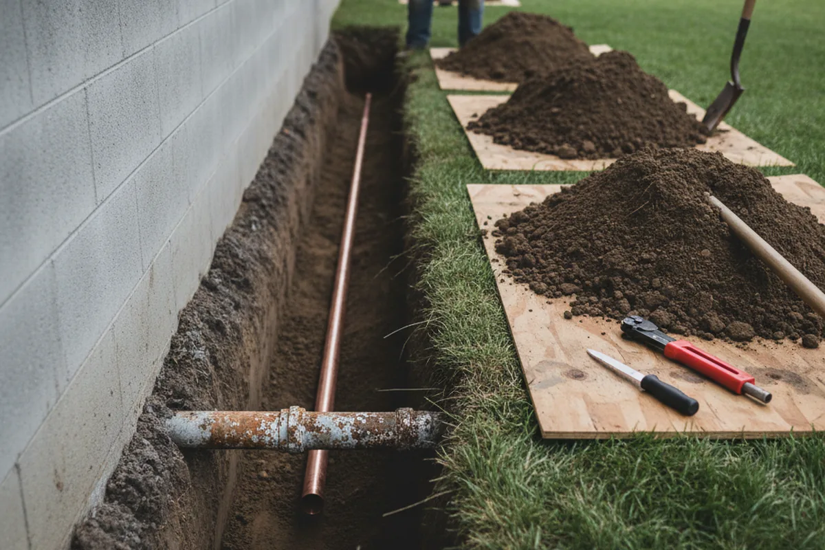 Excavated water line trench during Water Heater Repair in Marlow